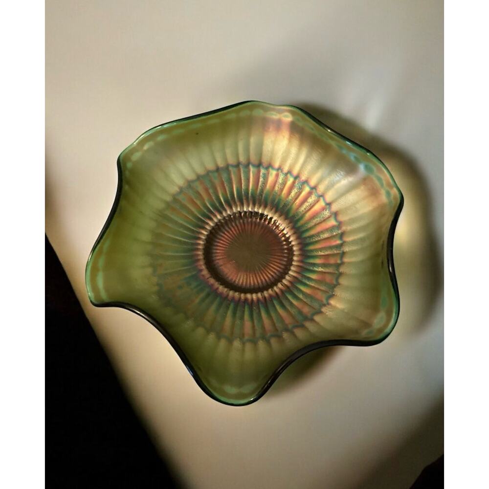 Fenton Stippled Rays Carnival Glass Ruffled Bowl Iridescent Bowl, Green